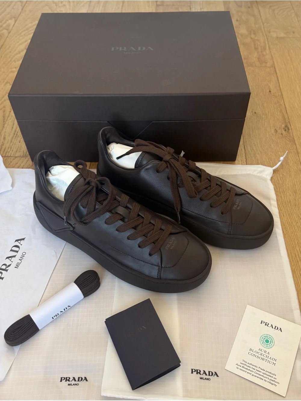 Prada Dark Brown Leather Low-Top Sneakers 37 euro size